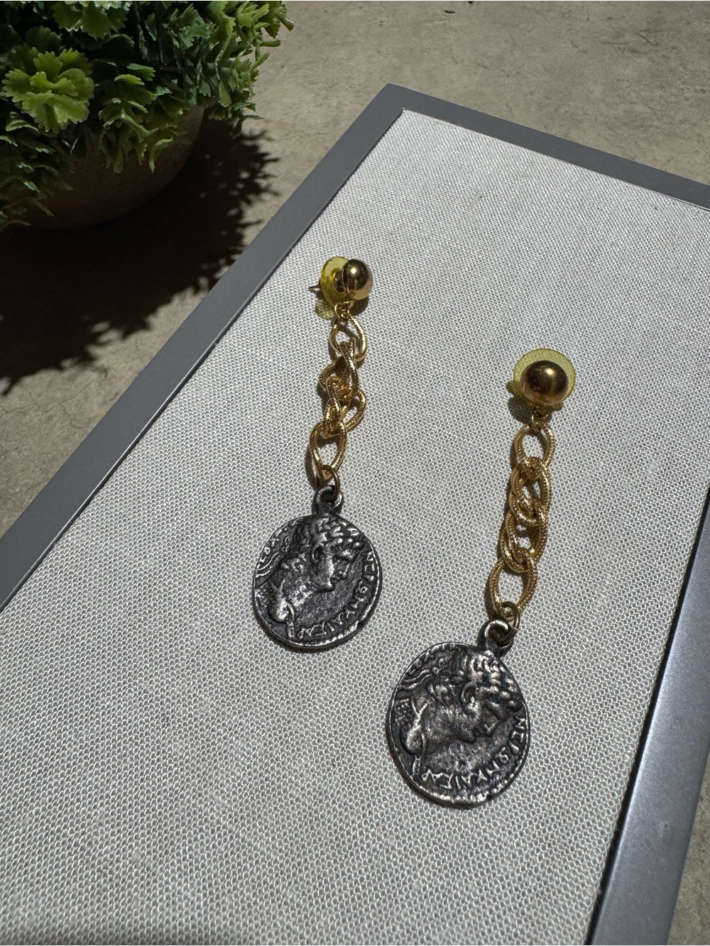 Vintage Dangle Coin Chain Earrings Ancient Gold Brass Long Statement Unique